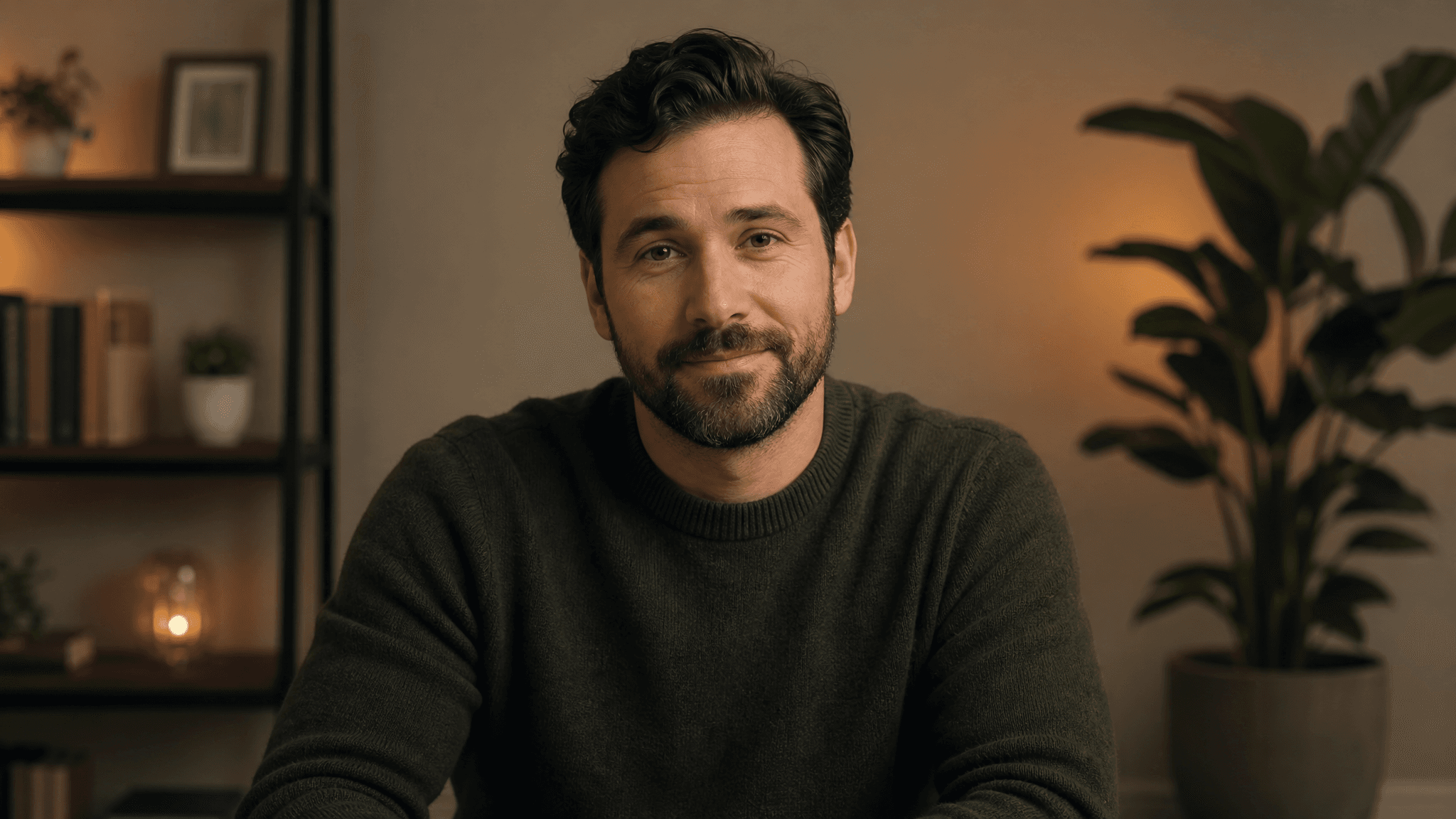 A still frame from a mock-interview practice reel in warm light