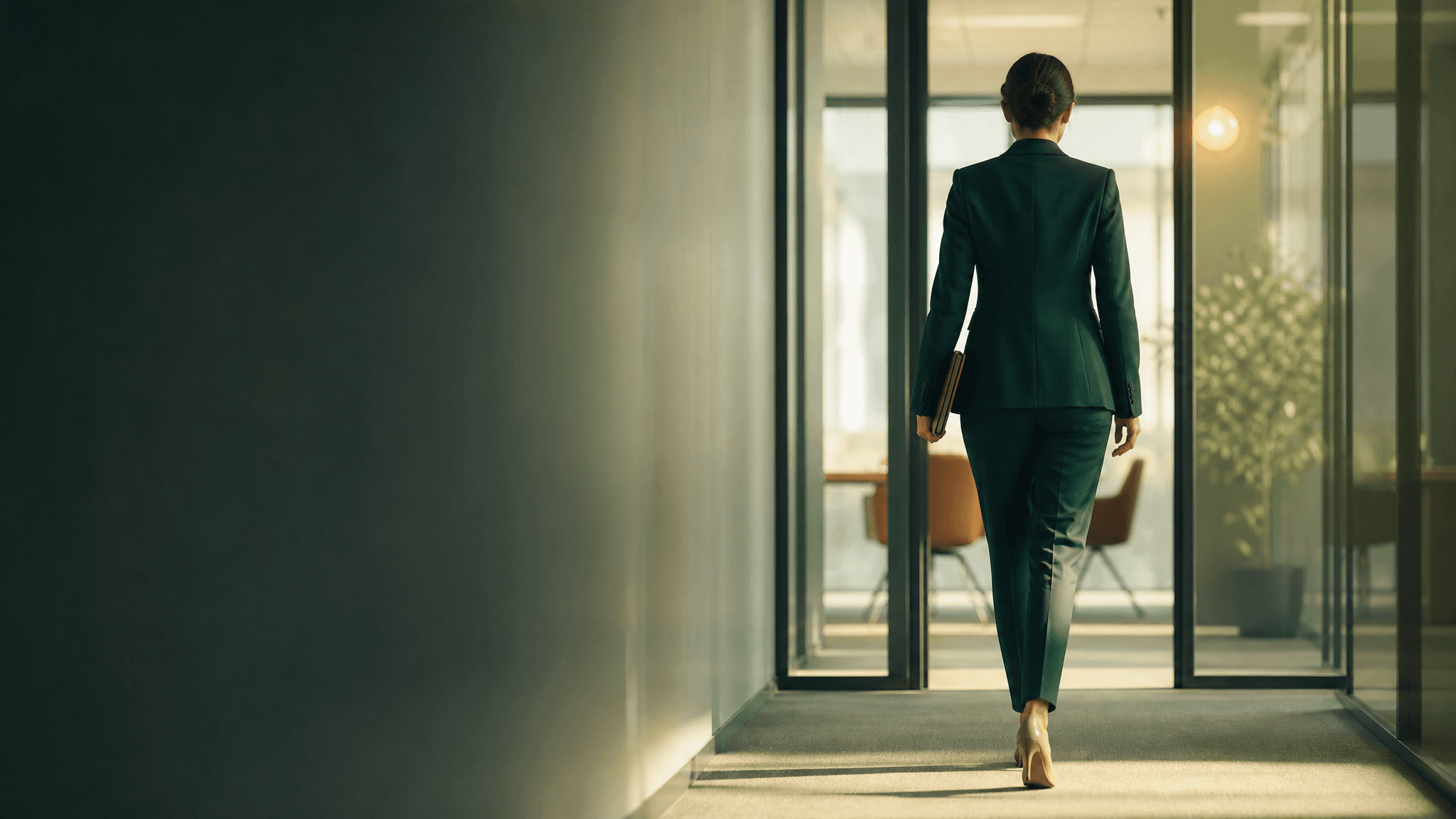 A confident candidate stepping toward an interview room in bright morning light